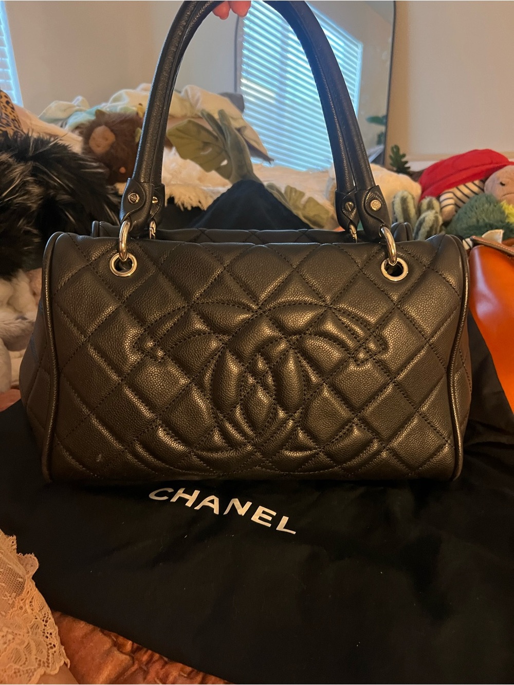 CHANEL timeless cc large washed caviar vintage black calfskin bowling tote bag